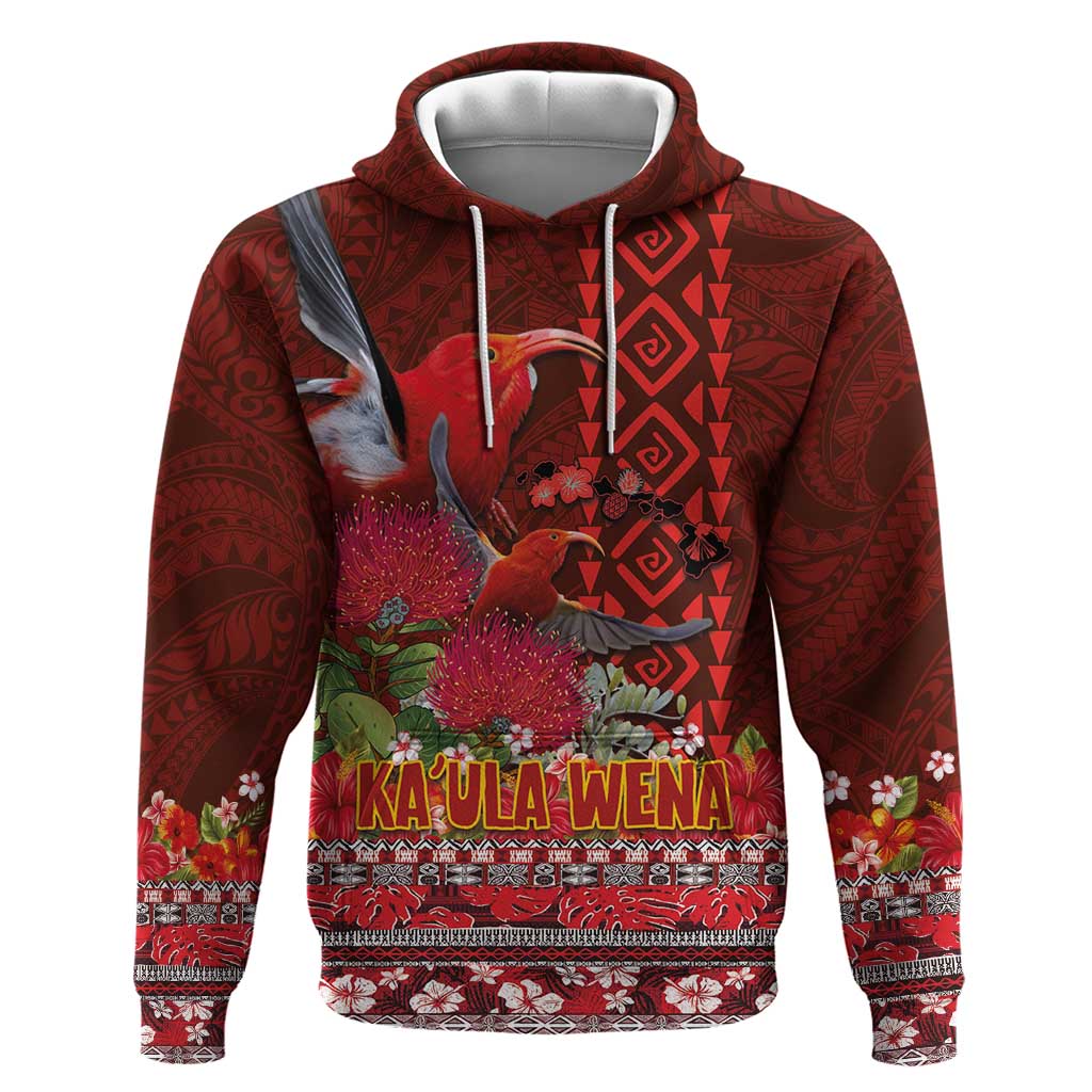 Hawaii KaʻUla Wena ʻIʻiwi Hoodie With Tropical Plants and 'Ohi'a lehua Kakau Art Tattoo