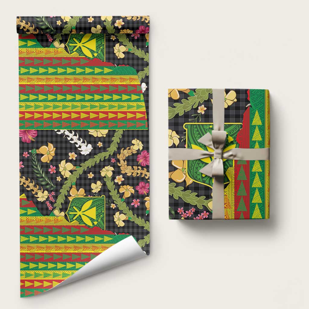 Hawaiian Tropical Plants Lei Wrapping Paper with Palaka Pattern and Kanaka Maoli Tribal Motifs LT03 58" × 23" Multicolor - Polynesian Pride