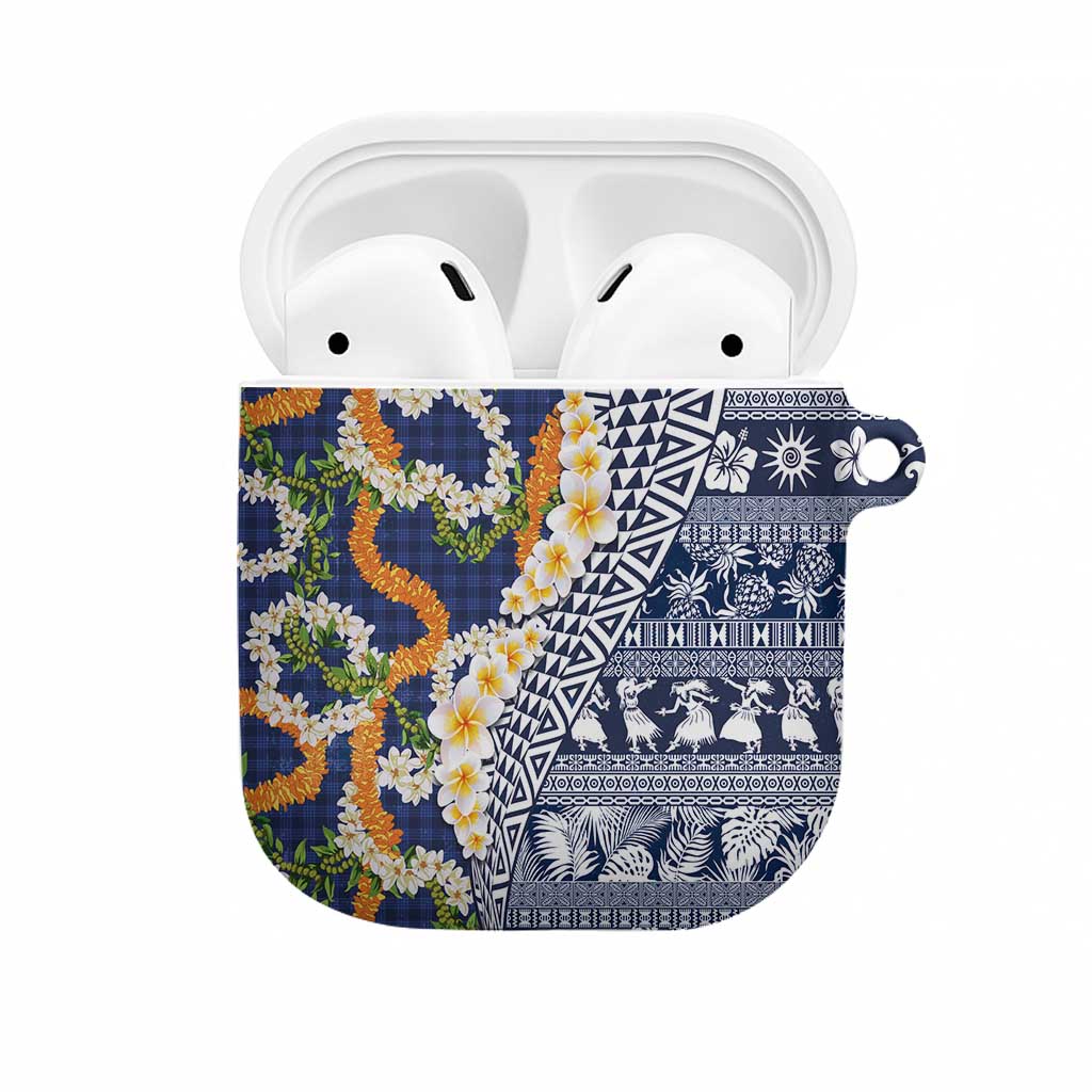 Hawaiian Plumeria Lei AirPods Case Kakau Motifs and Palaka Half Style Blue Color LT03 Blue - Polynesian Pride