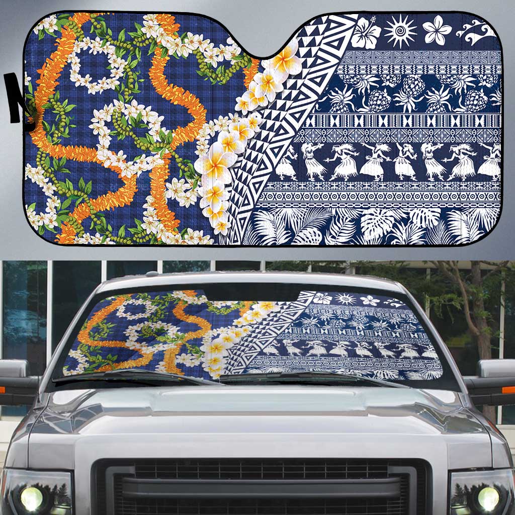 Hawaiian Plumeria Lei Auto Sun Shade Kakau Motifs and Palaka Half Style Blue Color LT03 Blue - Polynesian Pride