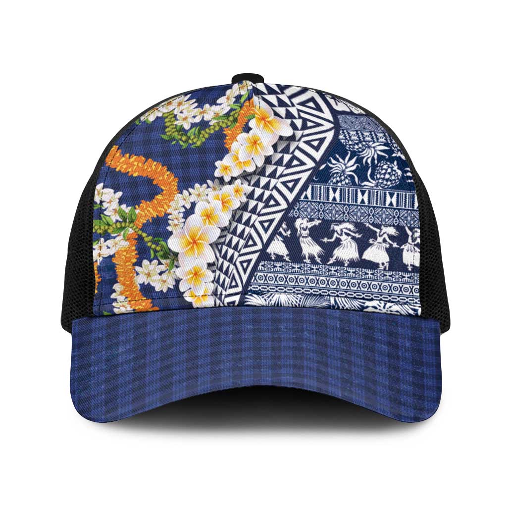 Hawaiian Plumeria Lei Baseball Net Cap Kakau Motifs and Palaka Half Style Blue Color LT03 One Size Black Blue - Polynesian Pride