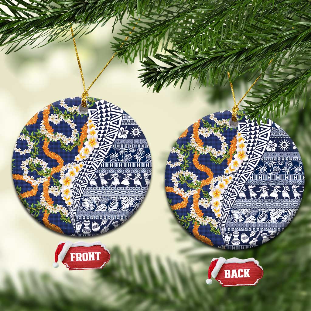 Hawaiian Plumeria Lei Ceramic Ornament Kakau Motifs and Palaka Half Style Blue Color LT03 Circle Blue - Polynesian Pride