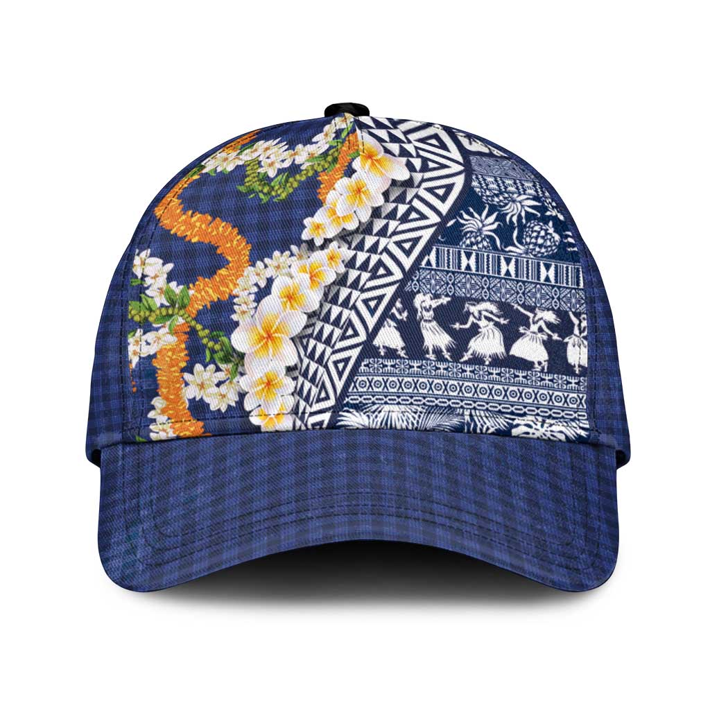 Hawaiian Plumeria Lei Classic Cap Kakau Motifs and Palaka Half Style Blue Color LT03 Universal Fit Blue - Polynesian Pride