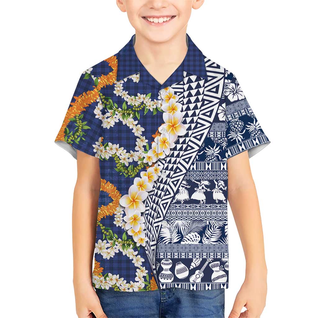 Hawaiian Plumeria Lei Kid Hawaiian Shirt Kakau Motifs and Palaka Half Style Blue Color LT03 Kid Blue - Polynesian Pride