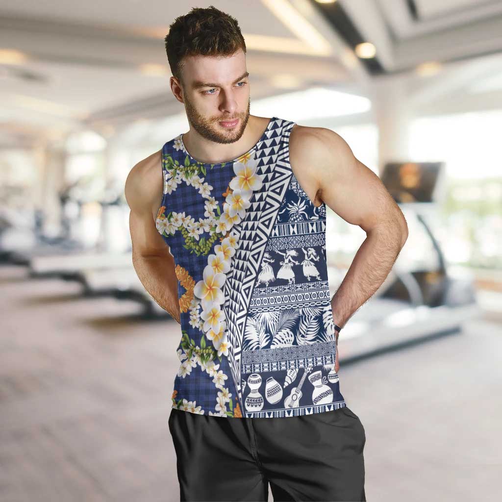 Hawaiian Plumeria Lei Men Tank Top Kakau Motifs and Palaka Half Style Blue Color LT03 Blue - Polynesian Pride