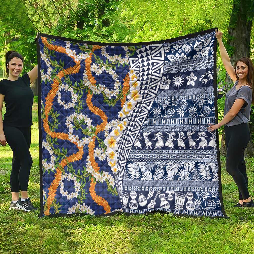 Hawaiian Plumeria Lei Quilt Kakau Motifs and Palaka Half Style Blue Color LT03 - Polynesian Pride
