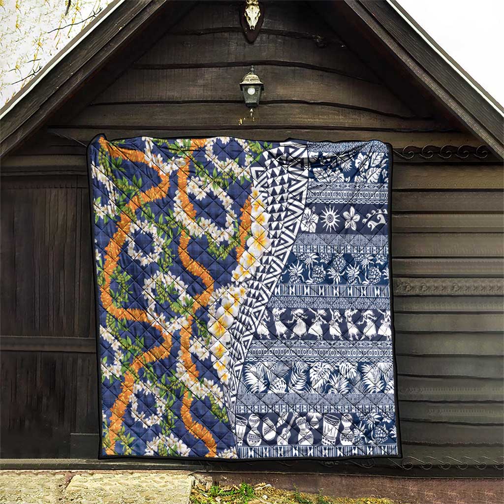 Hawaiian Plumeria Lei Quilt Kakau Motifs and Palaka Half Style Blue Color LT03 - Polynesian Pride