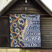 Hawaiian Plumeria Lei Quilt Kakau Motifs and Palaka Half Style Blue Color LT03 - Polynesian Pride