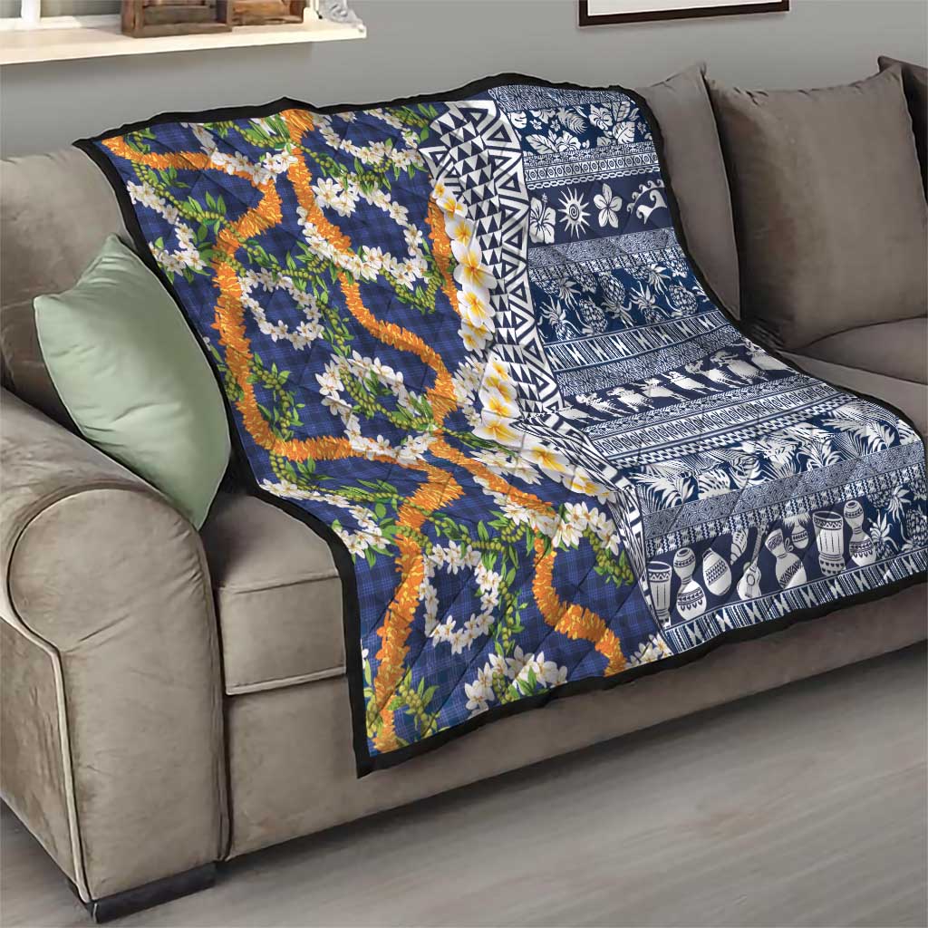 Hawaiian Plumeria Lei Quilt Kakau Motifs and Palaka Half Style Blue Color LT03 - Polynesian Pride