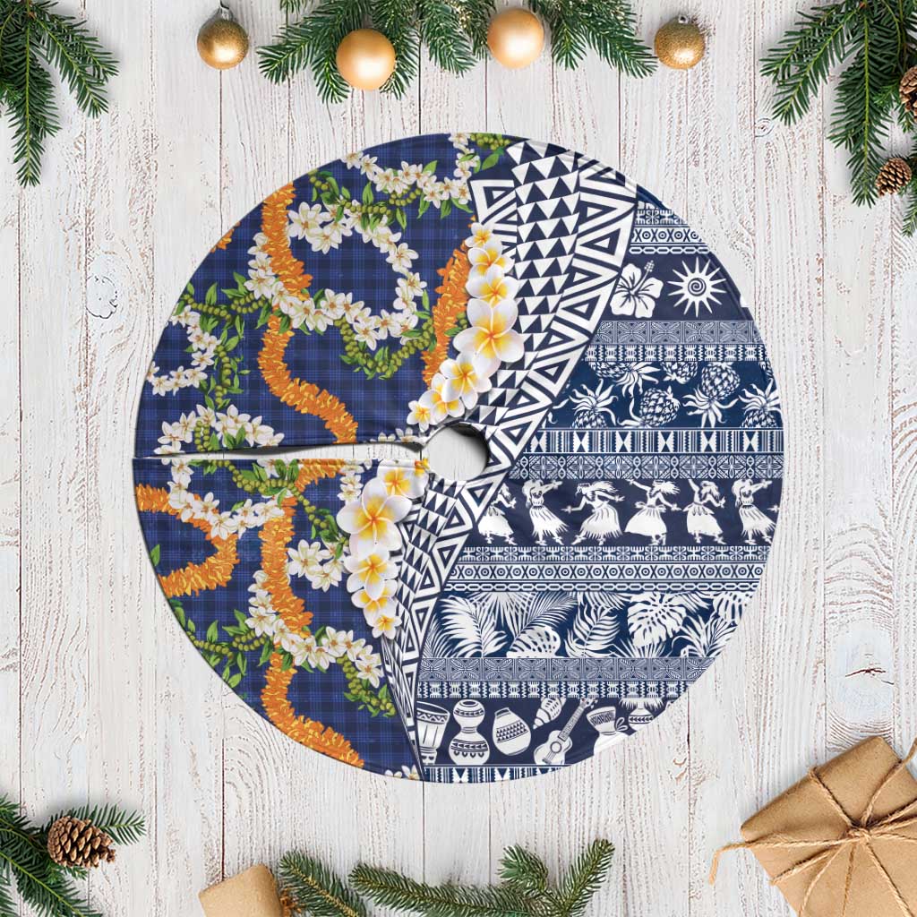 Hawaiian Plumeria Lei Tree Skirt Kakau Motifs and Palaka Half Style Blue Color LT03 Casual Blue - Polynesian Pride