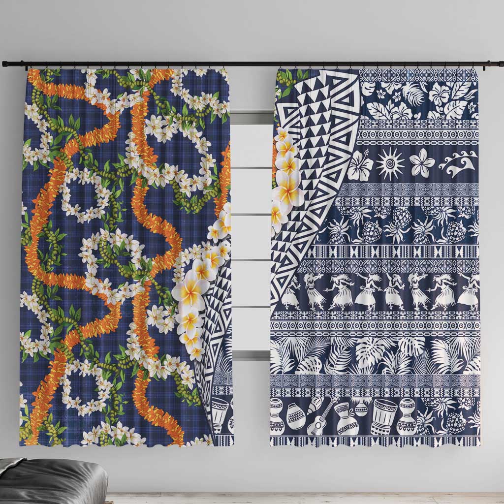 Hawaiian Plumeria Lei Window Curtain Kakau Motifs and Palaka Half Style Blue Color LT03 With Hooks Blue - Polynesian Pride
