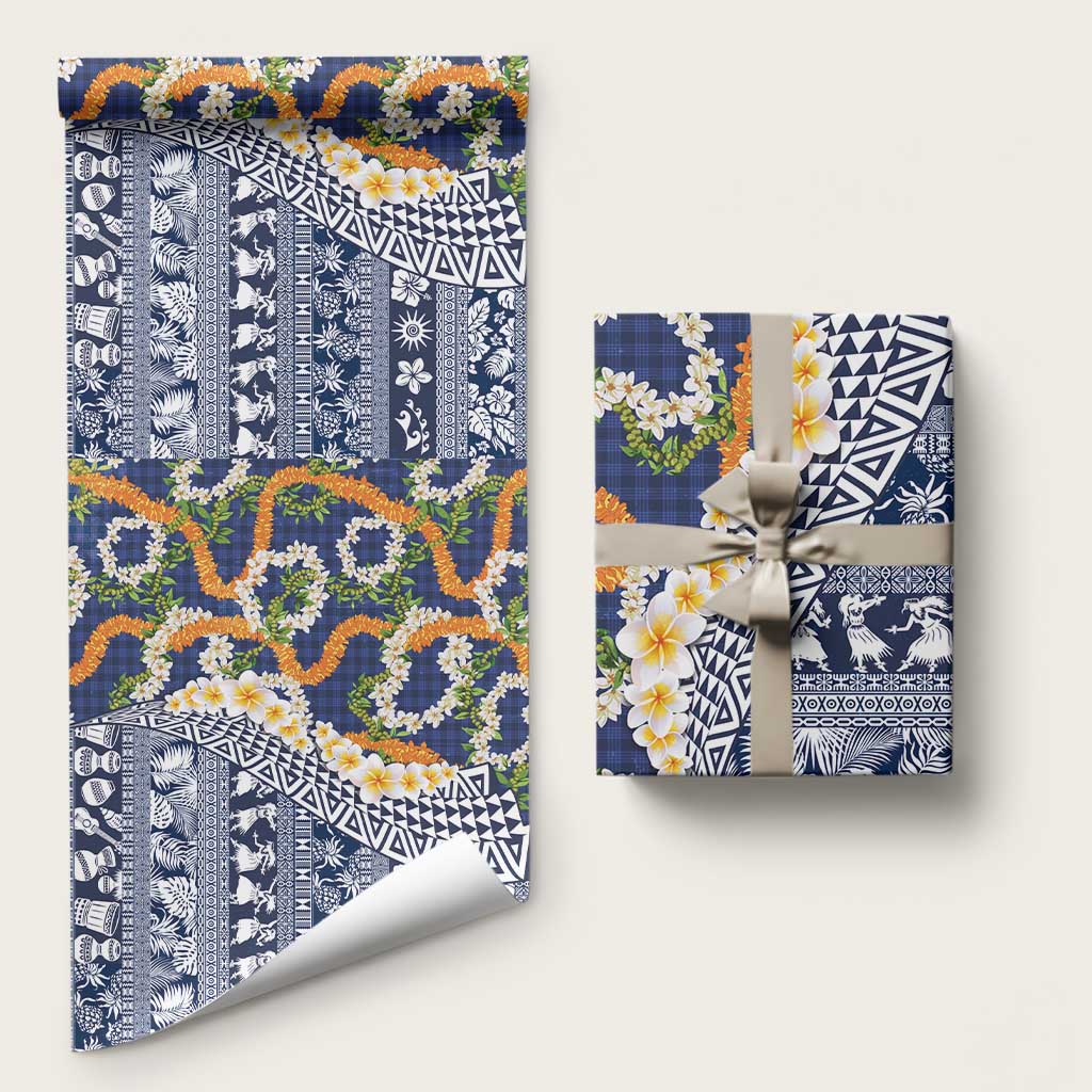 Hawaiian Plumeria Lei Wrapping Paper Kakau Motifs and Palaka Half Style Blue Color LT03 58" × 23" Blue - Polynesian Pride