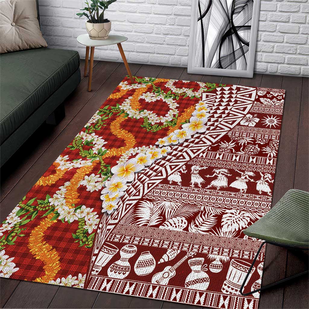 Hawaiian Plumeria Lei Area Rug Kakau Motifs and Palaka Half Style Red Color LT03 Red - Polynesian Pride