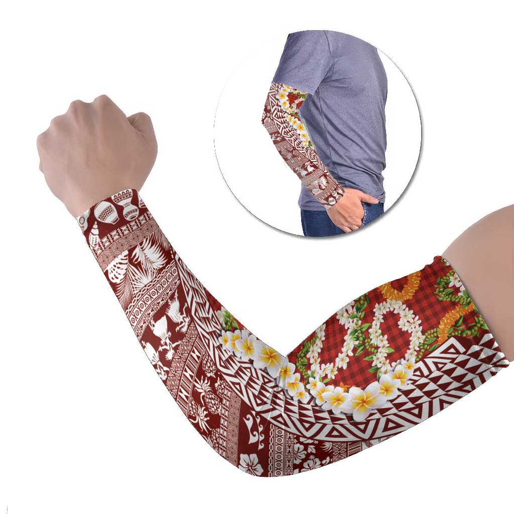 Hawaiian Plumeria Lei Arm Sleeves Kakau Motifs and Palaka Half Style Red Color LT03 Set of 2 Red - Polynesian Pride