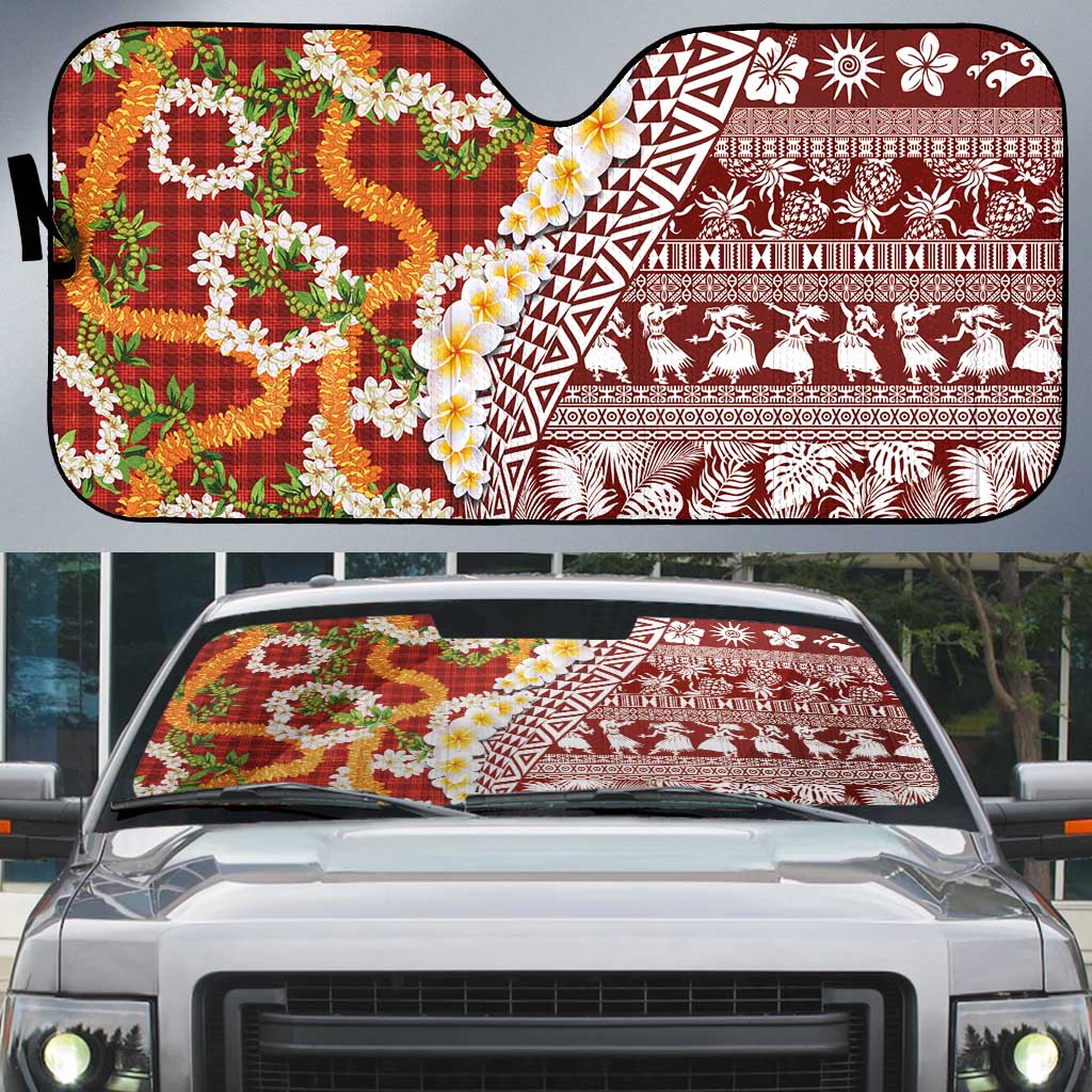 Hawaiian Plumeria Lei Auto Sun Shade Kakau Motifs and Palaka Half Style Red Color LT03 Red - Polynesian Pride