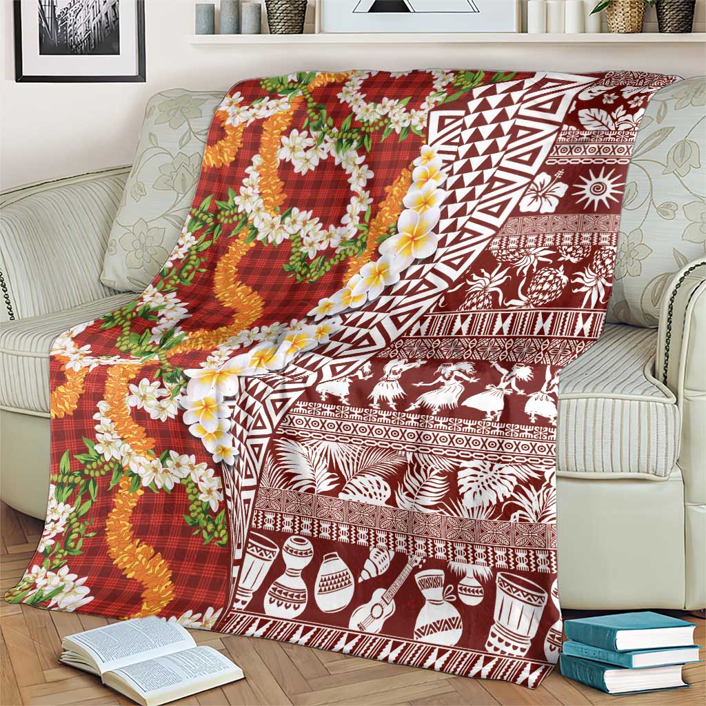 Hawaiian Plumeria Lei Blanket Kakau Motifs and Palaka Half Style Red Color LT03 - Polynesian Pride