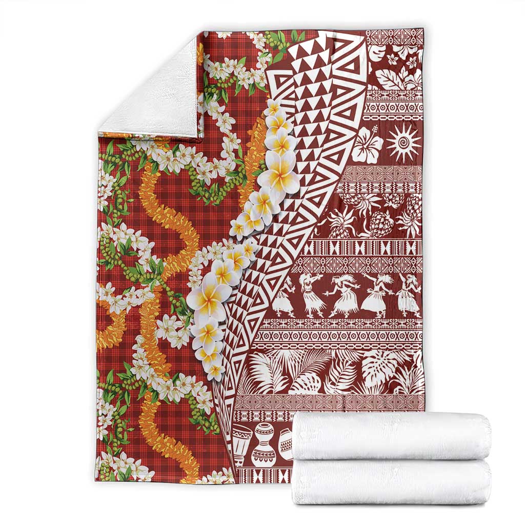 Hawaiian Plumeria Lei Blanket Kakau Motifs and Palaka Half Style Red Color LT03 - Polynesian Pride