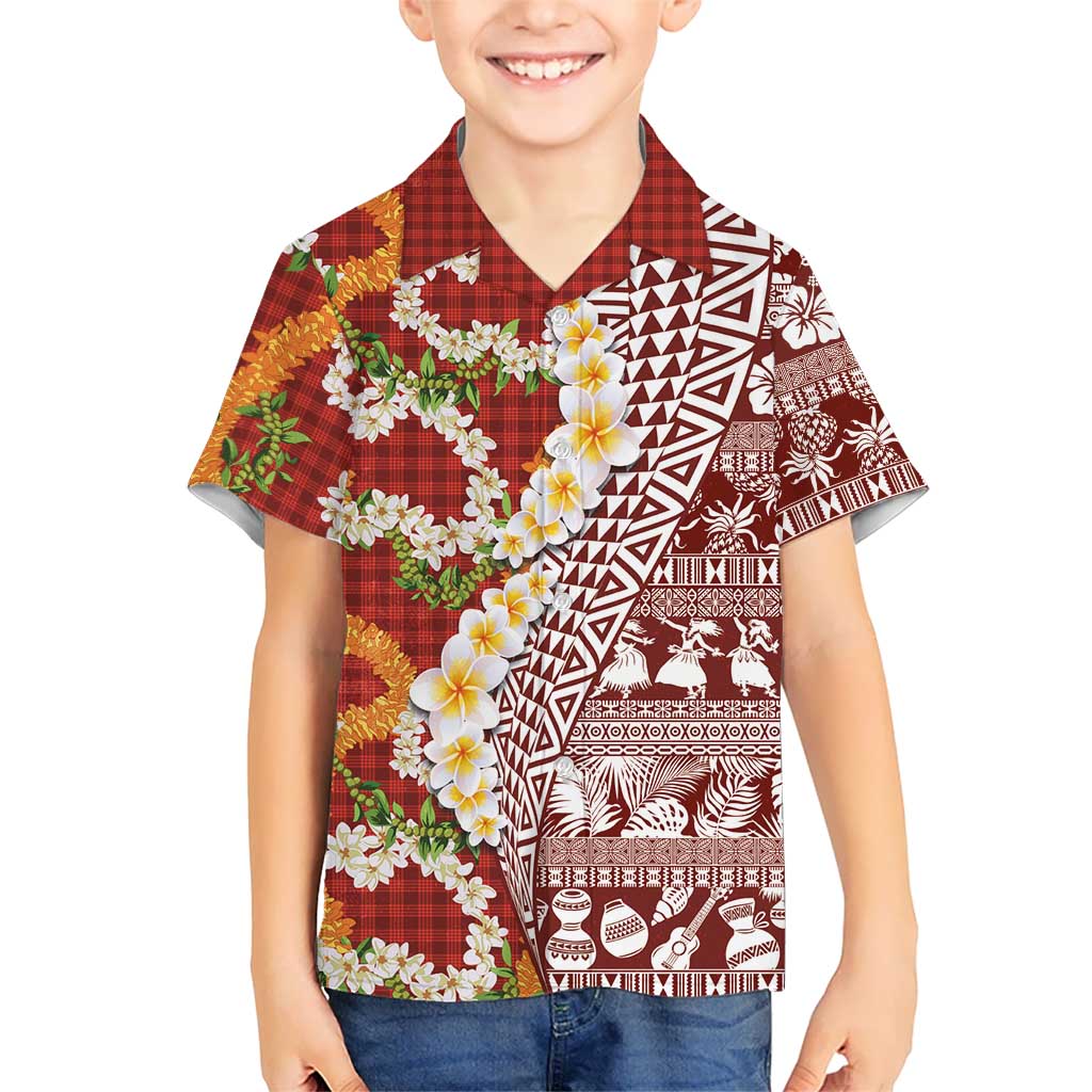 Hawaiian Plumeria Lei Kid Hawaiian Shirt Kakau Motifs and Palaka Half Style Red Color LT03 Kid Red - Polynesian Pride