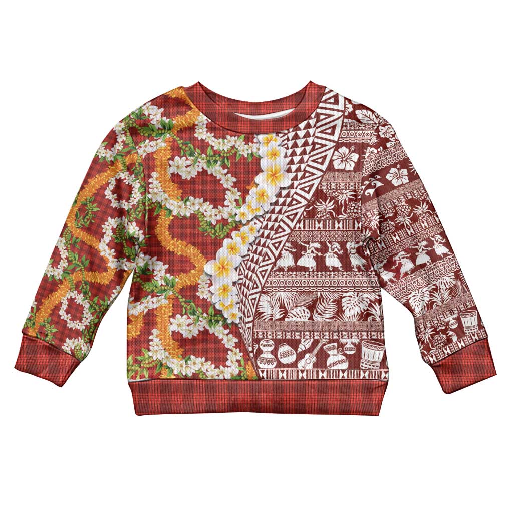 Hawaiian Plumeria Lei Kid Ugly Christmas Sweater Kakau Motifs and Palaka Half Style Red Color LT03 Kid Red - Polynesian Pride