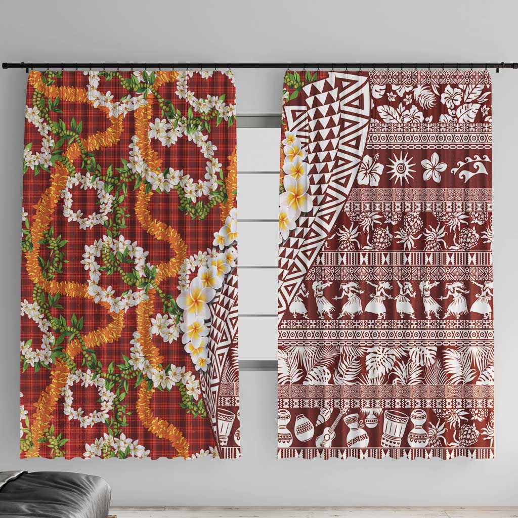 Hawaiian Plumeria Lei Window Curtain Kakau Motifs and Palaka Half Style Red Color LT03 With Hooks Red - Polynesian Pride