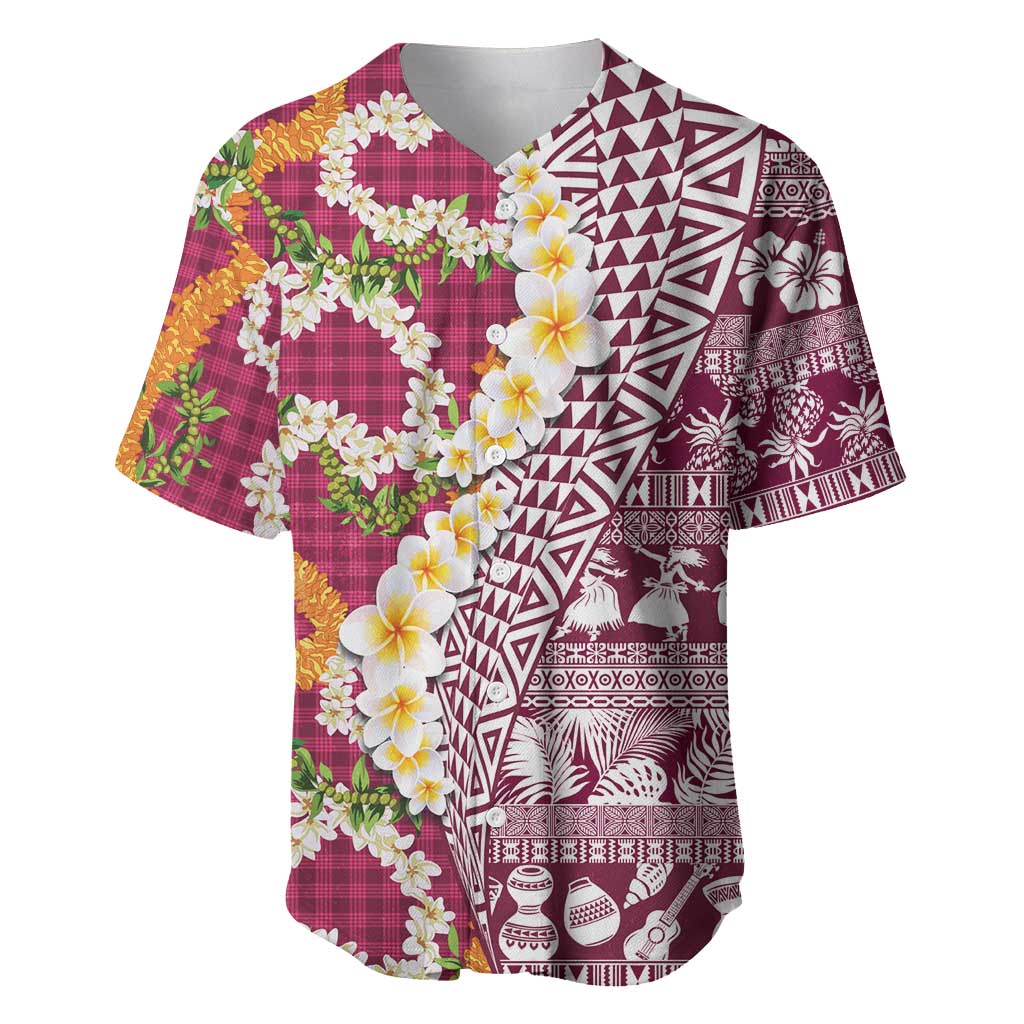 Hawaiian Plumeria Lei Baseball Jersey Kakau Motifs and Palaka Half Style Pink Color LT03 Pink - Polynesian Pride