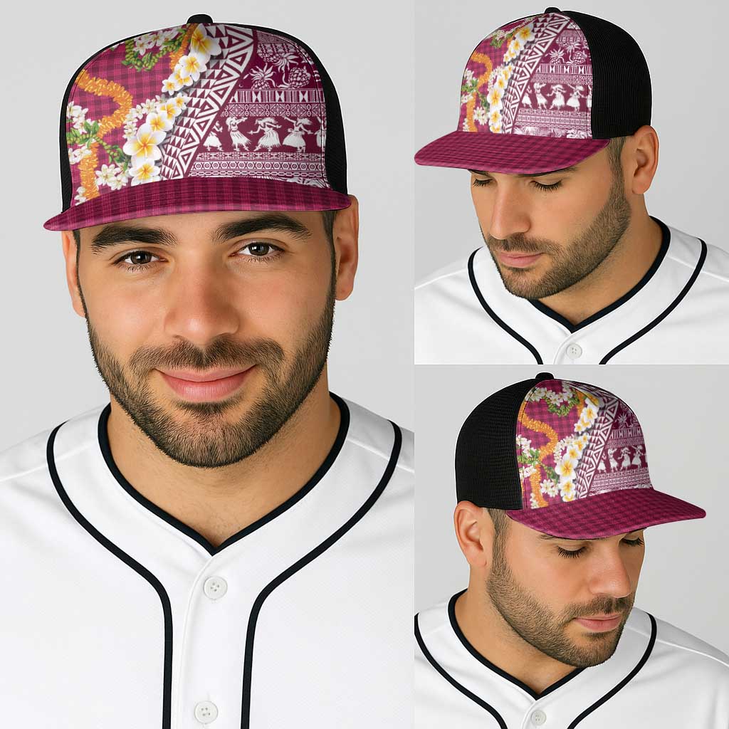 Hawaiian Plumeria Lei Baseball Net Cap Kakau Motifs and Palaka Half Style Pink Color LT03 - Polynesian Pride