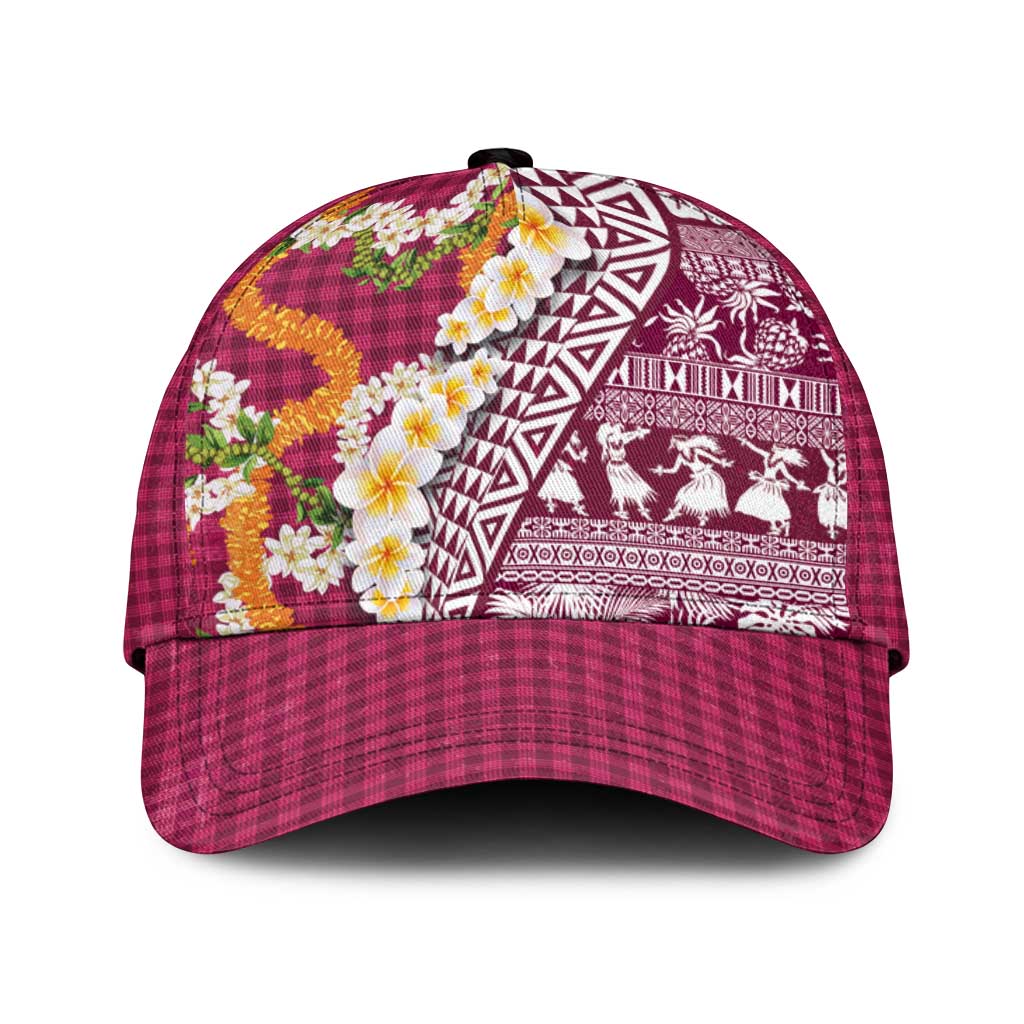 Hawaiian Plumeria Lei Classic Cap Kakau Motifs and Palaka Half Style Pink Color LT03 Universal Fit Pink - Polynesian Pride