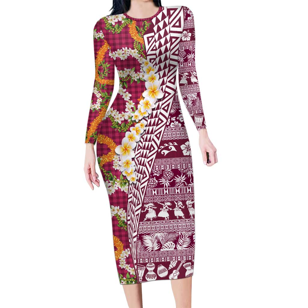 Hawaiian Plumeria Lei Long Sleeve Bodycon Dress Kakau Motifs and Palaka Half Style Pink Color LT03 Long Dress Pink - Polynesian Pride