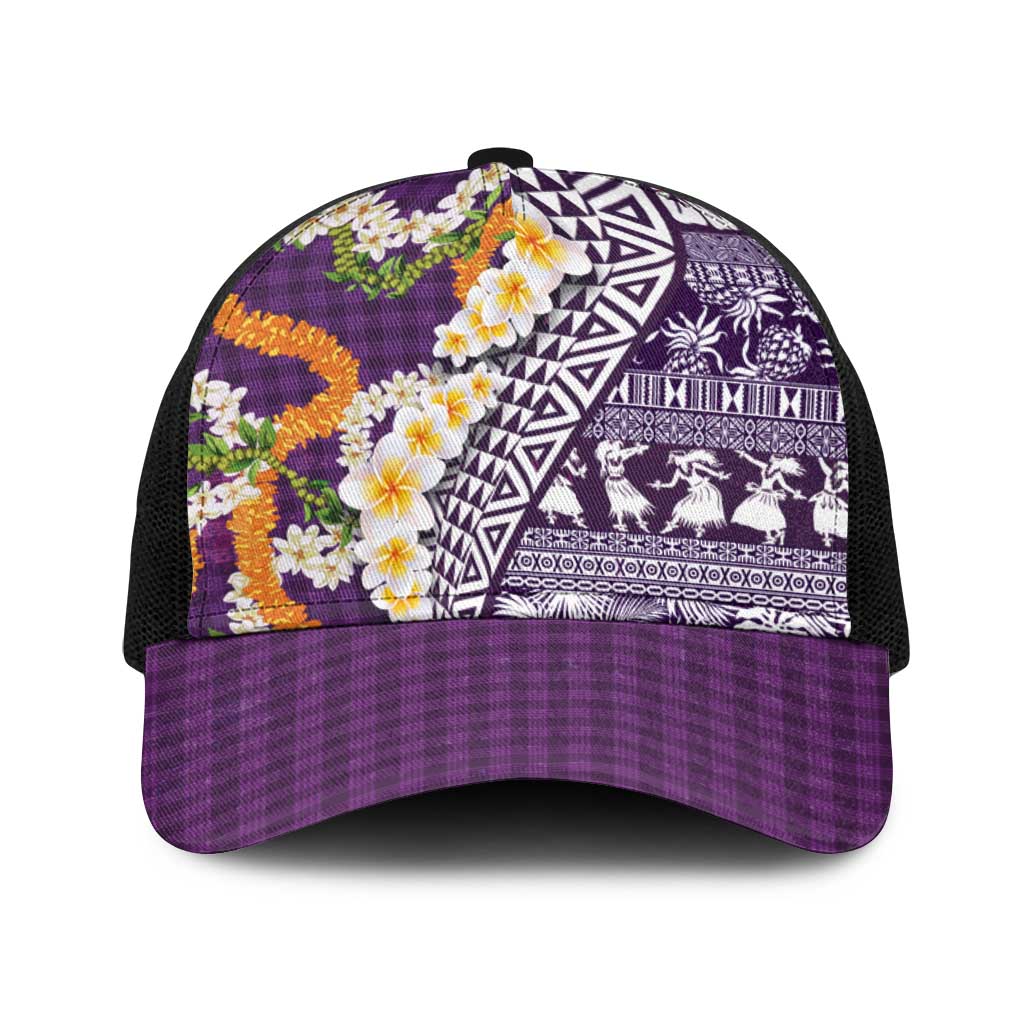 Hawaiian Plumeria Lei Baseball Net Cap Kakau Motifs and Palaka Half Style Purple Color LT03 One Size Black Purple - Polynesian Pride