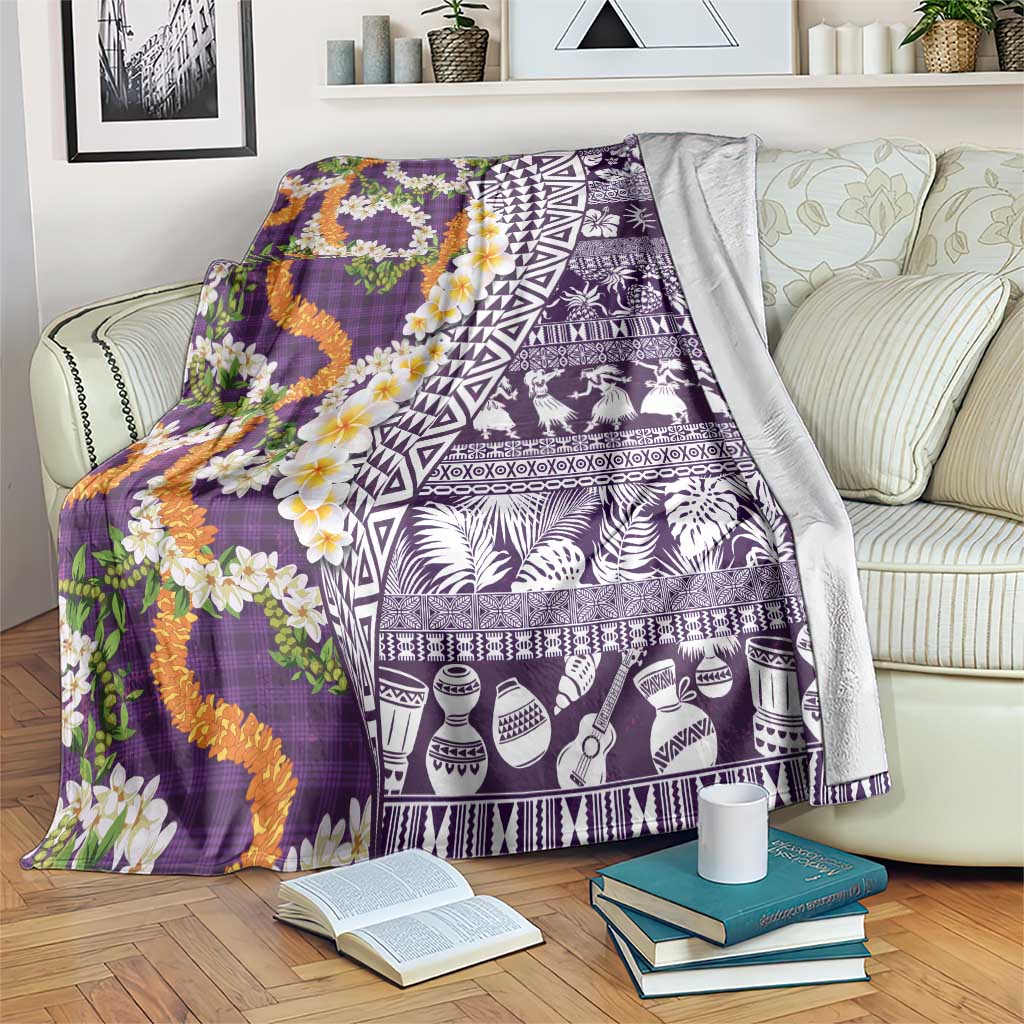 Hawaiian Plumeria Lei Blanket Kakau Motifs and Palaka Half Style Purple Color LT03 Purple - Polynesian Pride