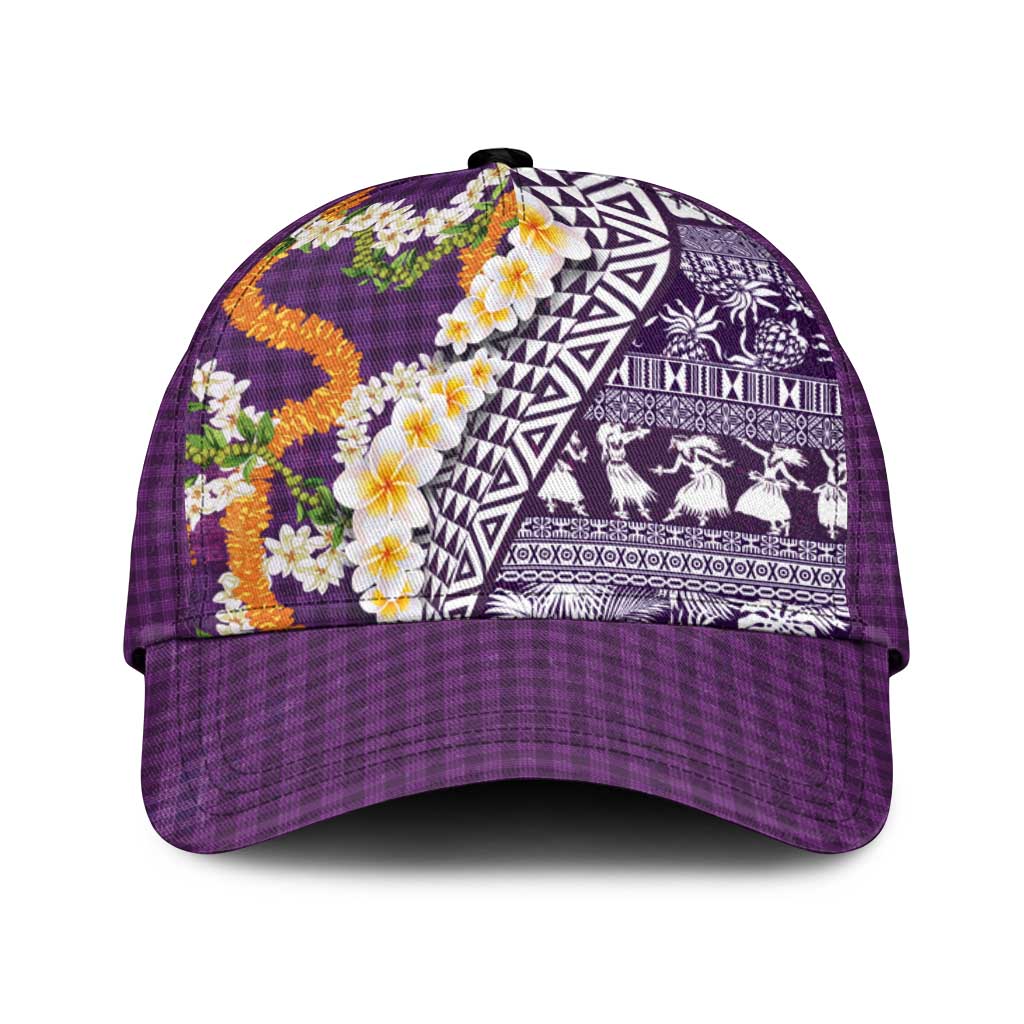 Hawaiian Plumeria Lei Classic Cap Kakau Motifs and Palaka Half Style Purple Color LT03 Universal Fit Purple - Polynesian Pride