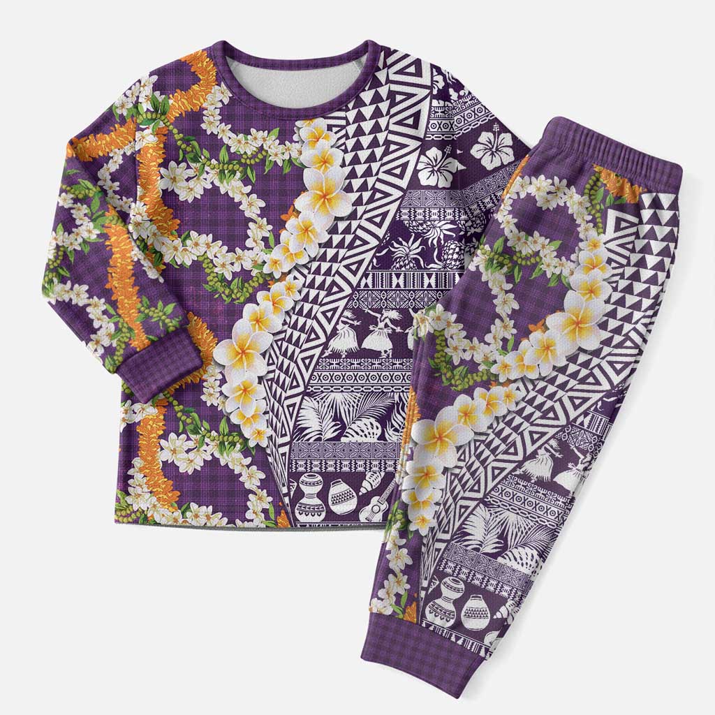 Hawaiian Plumeria Lei Christmas Pajama Set Kakau Motifs and Palaka Half Style Purple Color LT03 Men Purple - Polynesian Pride