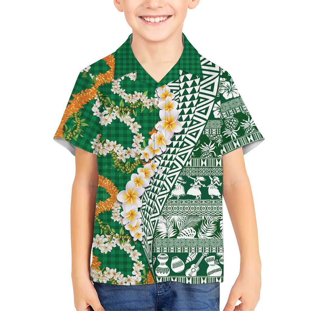 Hawaiian Plumeria Lei Kid Hawaiian Shirt Kakau Motifs and Palaka Half Style Green Color LT03 Kid Green - Polynesian Pride