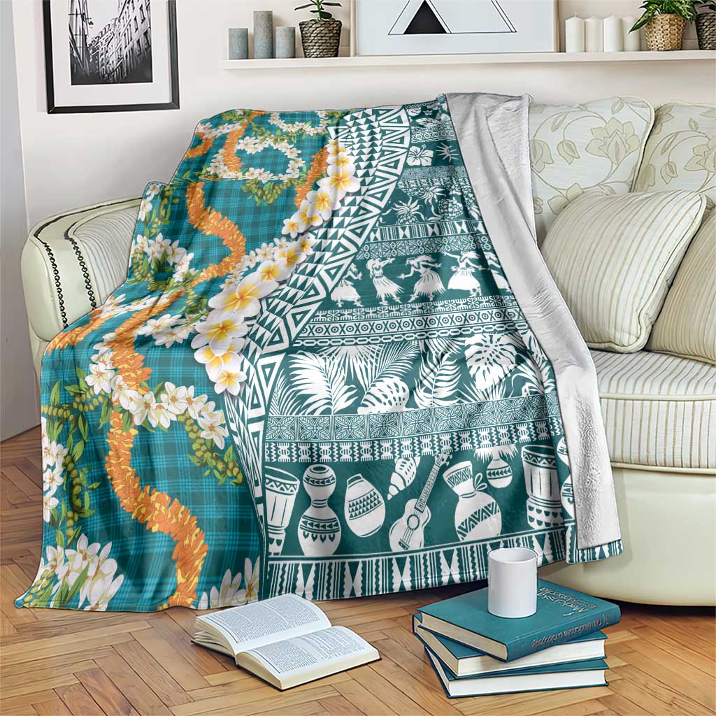 Hawaiian Plumeria Lei Blanket Kakau Motifs and Palaka Half Style Turquoise Color LT03 Turquoise - Polynesian Pride