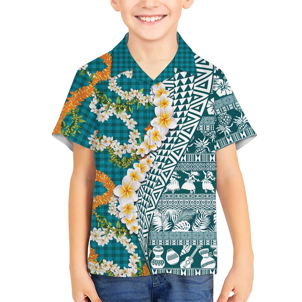 Hawaiian Plumeria Lei Kid Hawaiian Shirt Kakau Motifs and Palaka Half Style Turquoise Color LT03 Kid Turquoise - Polynesian Pride