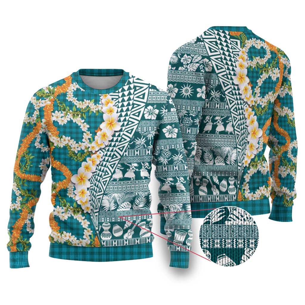 Hawaiian Plumeria Lei Ugly Christmas Sweater Kakau Motifs and Palaka Half Style Turquoise Color LT03 Turquoise - Polynesian Pride