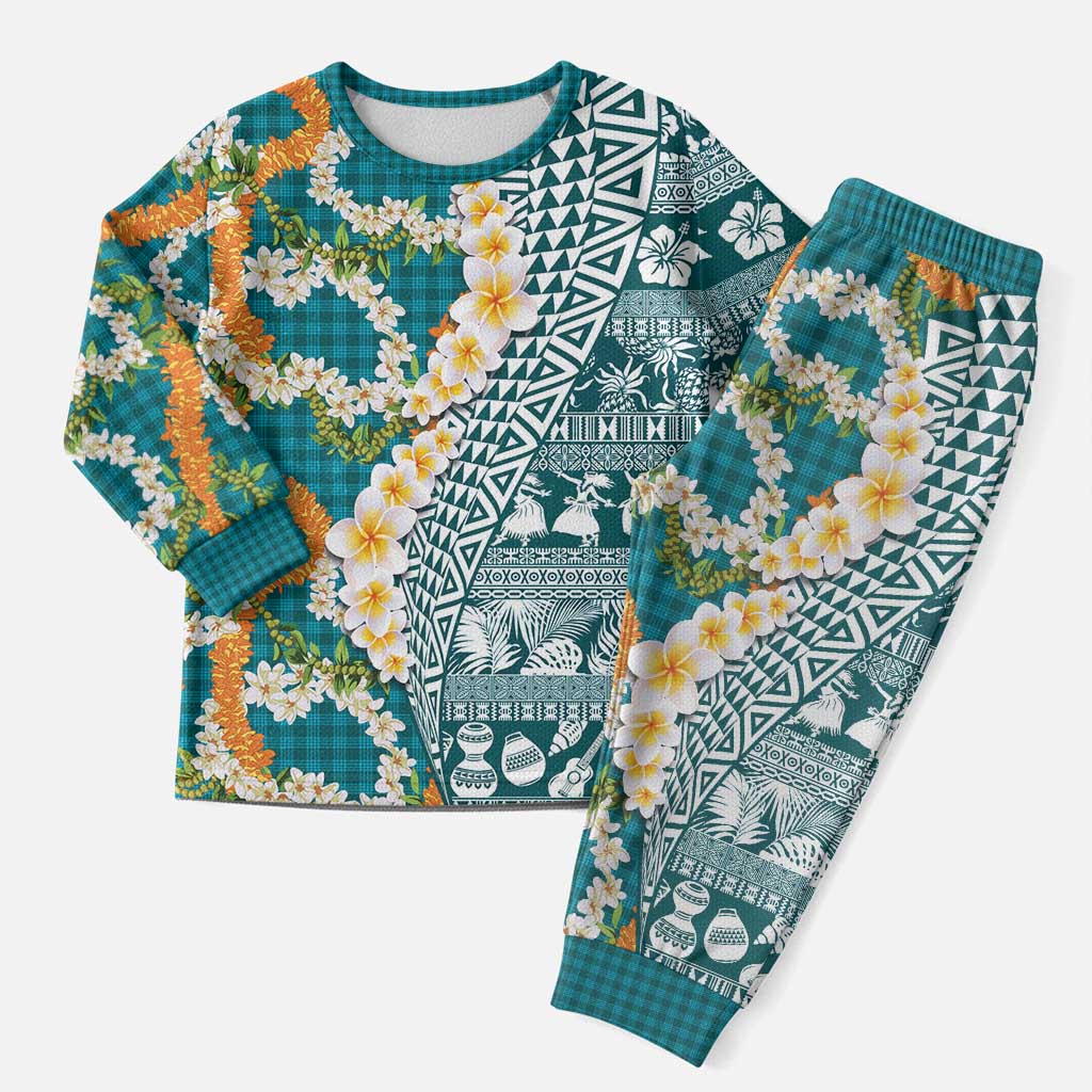Hawaiian Plumeria Lei Christmas Pajama Set Kakau Motifs and Palaka Half Style Turquoise Color LT03 Men Turquoise - Polynesian Pride