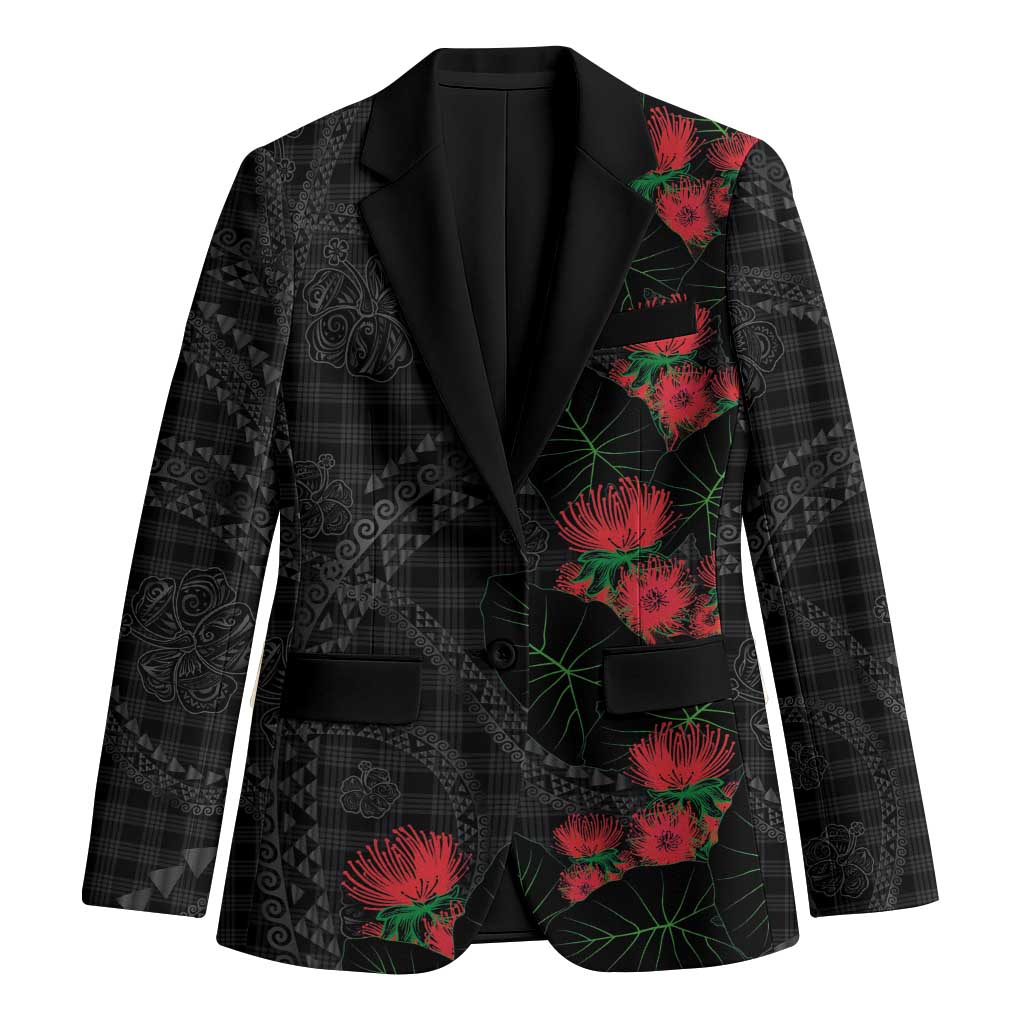 Hawaiian Kakau Art Blazer Taro Leaves with Ohia Lehua and Pakala Pattern LT03 Unisex Black - Polynesian Pride