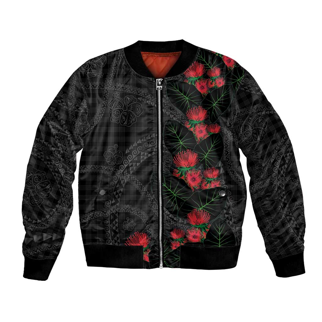 Hawaiian Kakau Art Bomber Jacket Taro Leaves with Ohia Lehua and Pakala Pattern LT03 Unisex Black - Polynesian Pride
