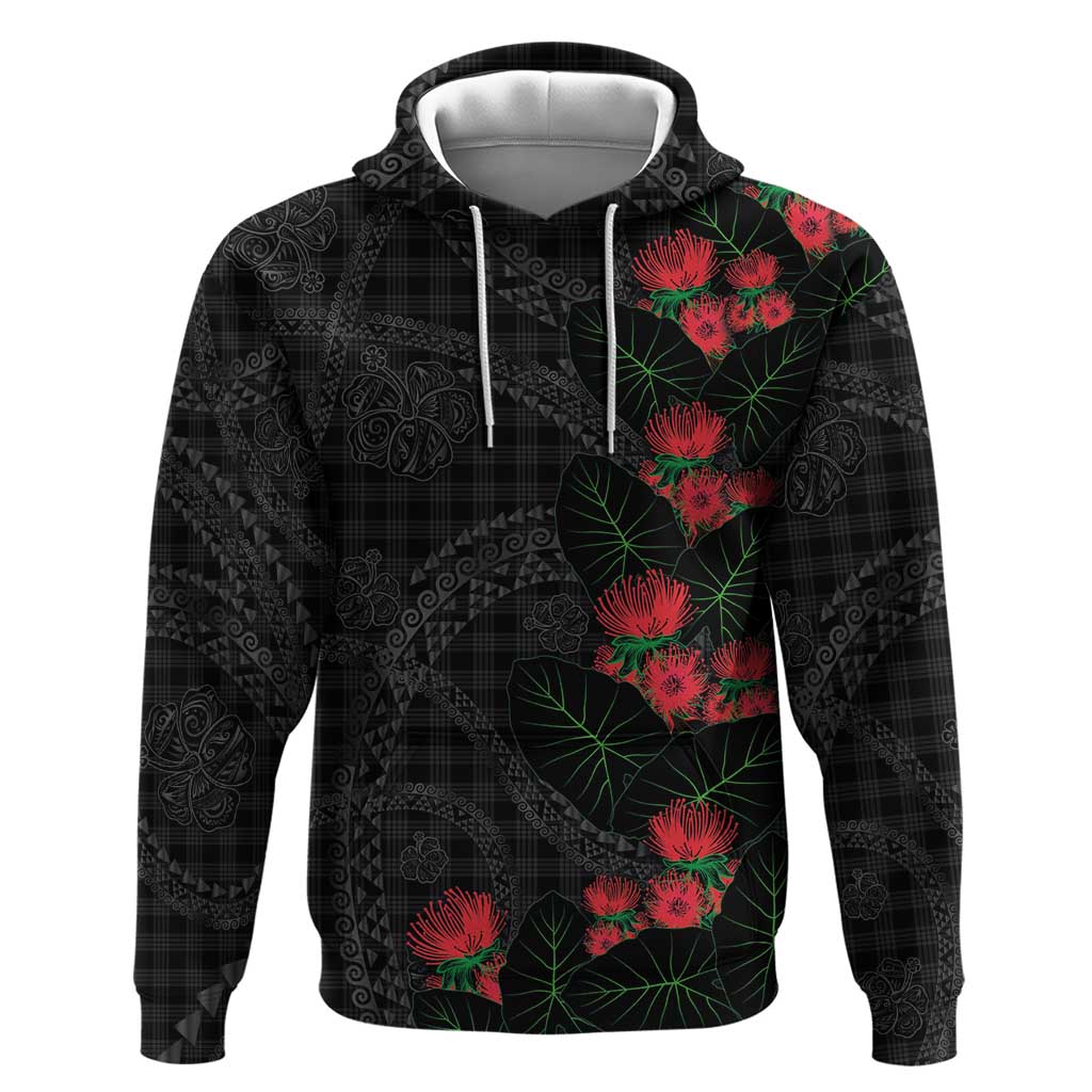 Hawaiian Kakau Art Hoodie Taro Leaves with Ohia Lehua and Pakala Pattern LT03 Pullover Hoodie Black - Polynesian Pride