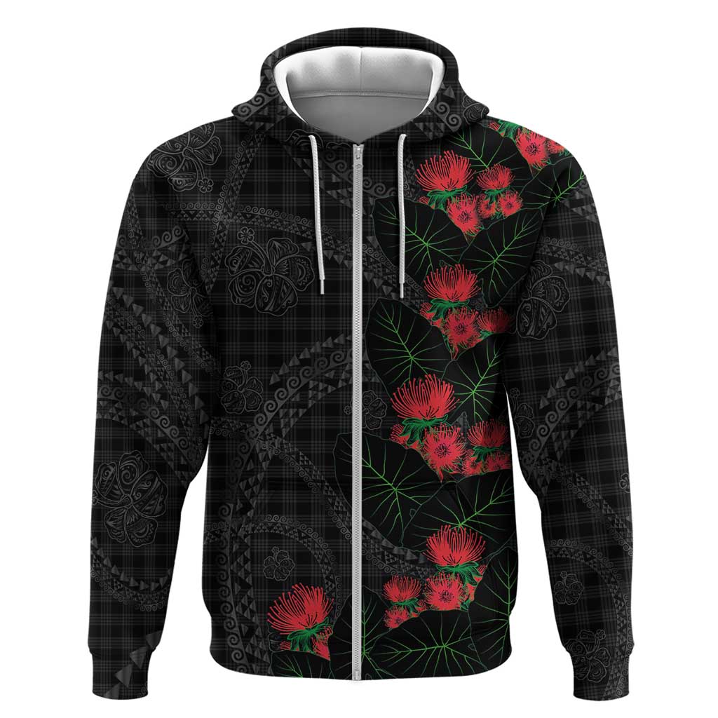 Hawaiian Kakau Art Hoodie Taro Leaves with Ohia Lehua and Pakala Pattern LT03 Zip Hoodie Black - Polynesian Pride