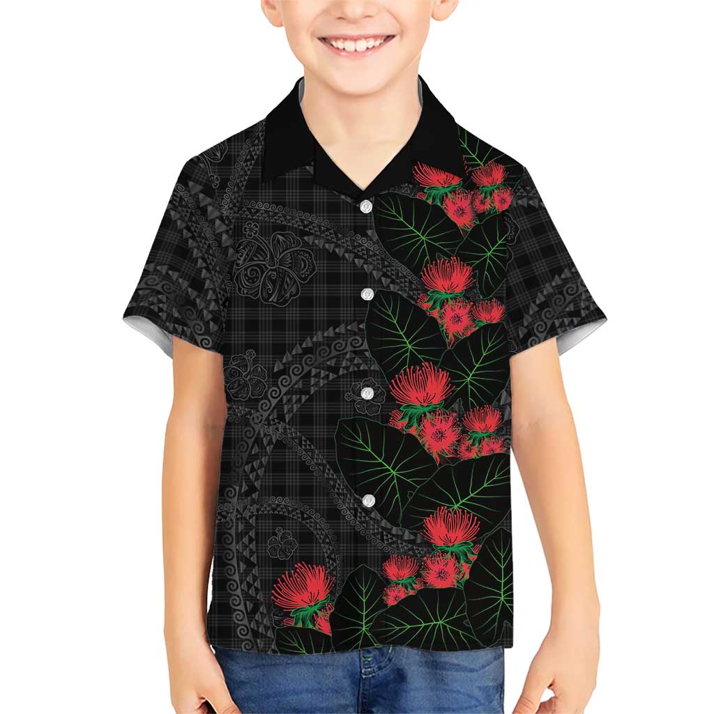 Hawaiian Kakau Art Kid Hawaiian Shirt Taro Leaves with Ohia Lehua and Pakala Pattern LT03 Kid Black - Polynesian Pride