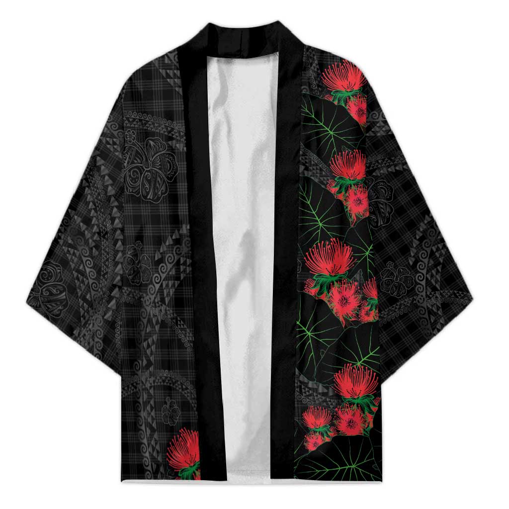 Hawaiian Kakau Art Kimono Taro Leaves with Ohia Lehua and Pakala Pattern LT03 Unisex Black - Polynesian Pride
