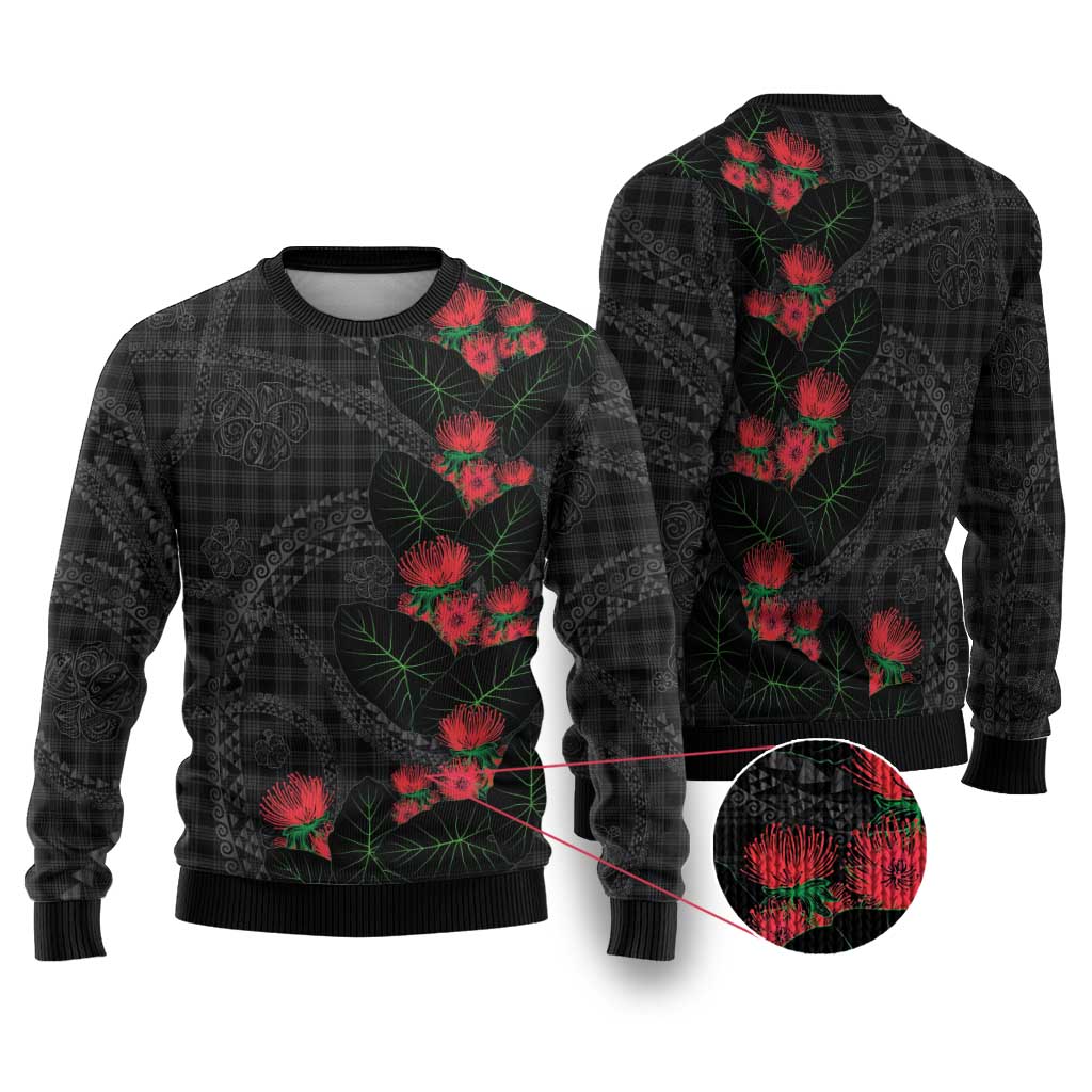 Hawaiian Kakau Art Ugly Christmas Sweater Taro Leaves with Ohia Lehua and Pakala Pattern LT03 Black - Polynesian Pride