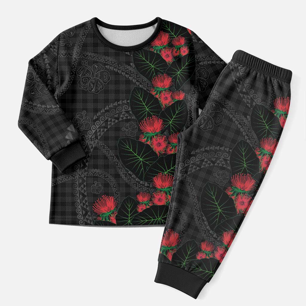 Hawaiian Kakau Art Christmas Pajama Set Taro Leaves with Ohia Lehua and Pakala Pattern LT03 Men Black - Polynesian Pride
