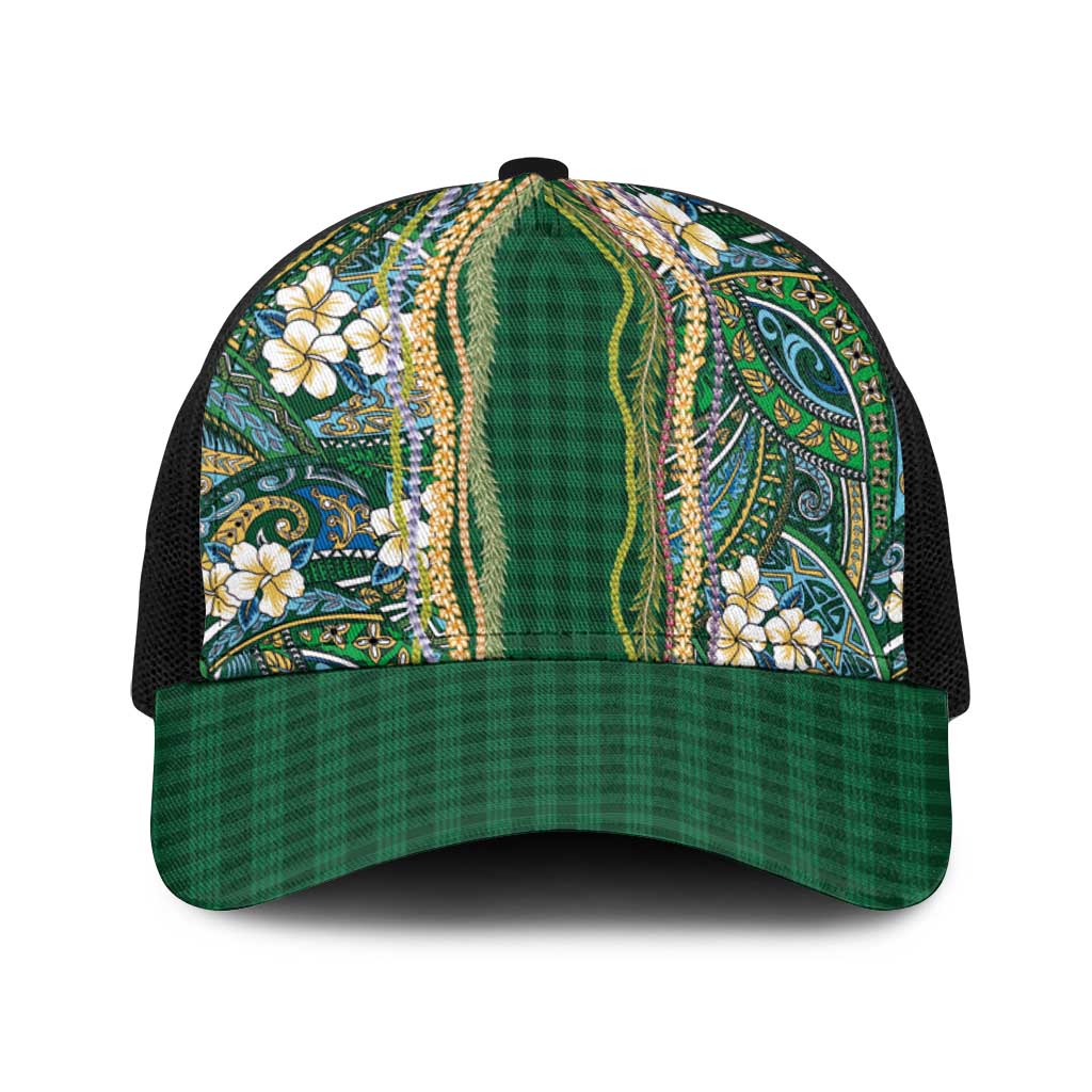 Hawaiian Art Flower Tribal with Lei Baseball Net Cap Palaka Pattern Green Color LT03 One Size Black Green - Polynesian Pride