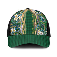 Hawaiian Art Flower Tribal with Lei Baseball Net Cap Palaka Pattern Green Color LT03 One Size Black Green - Polynesian Pride