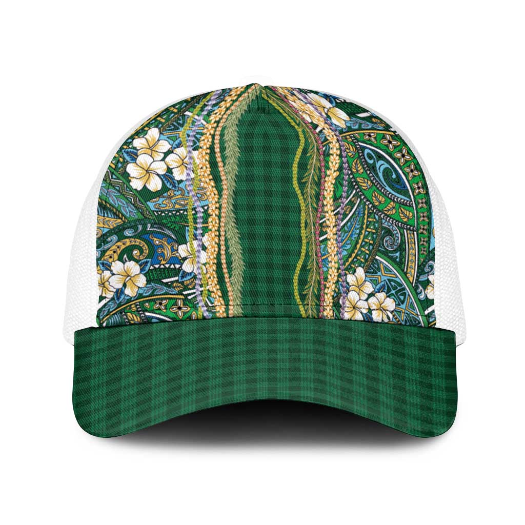 Hawaiian Art Flower Tribal with Lei Baseball Net Cap Palaka Pattern Green Color LT03 One Size White Green - Polynesian Pride