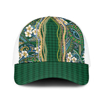 Hawaiian Art Flower Tribal with Lei Baseball Net Cap Palaka Pattern Green Color LT03 One Size White Green - Polynesian Pride