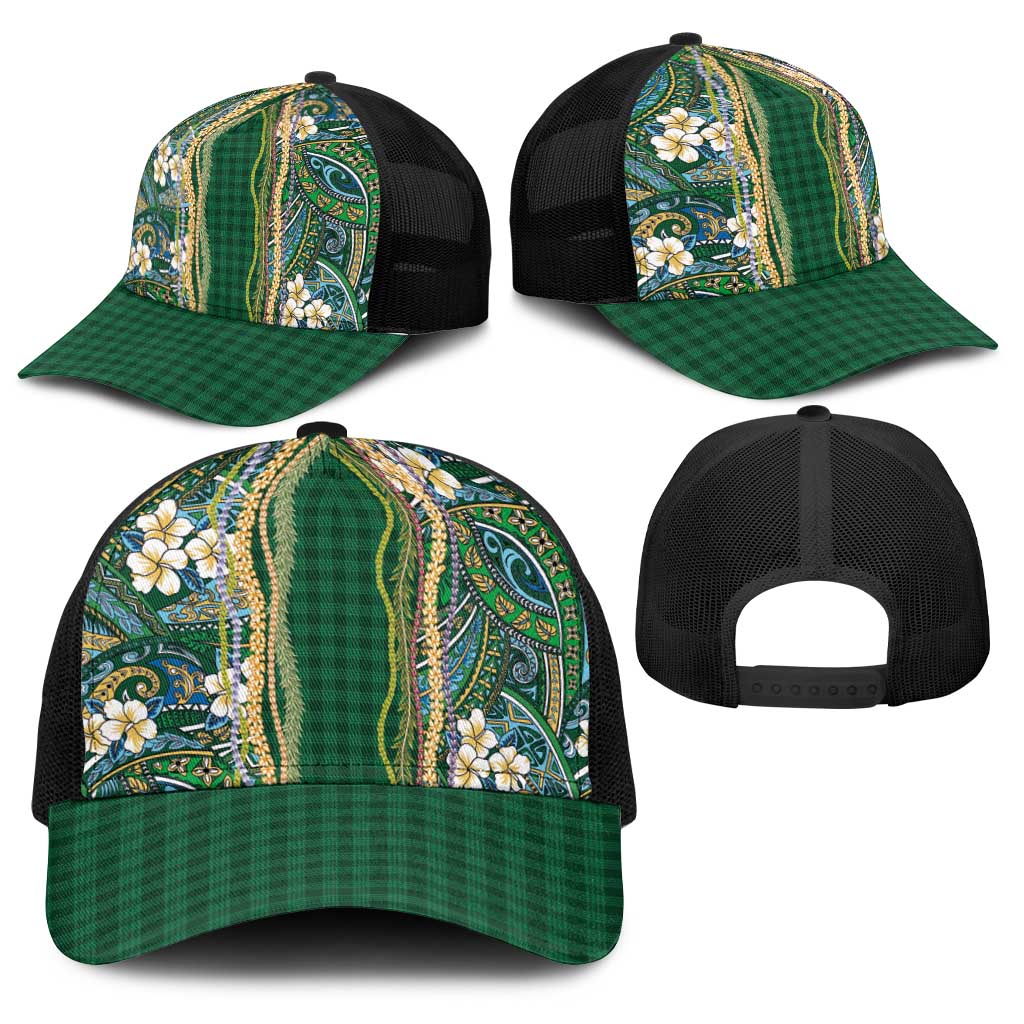 Hawaiian Art Flower Tribal with Lei Baseball Net Cap Palaka Pattern Green Color LT03 - Polynesian Pride